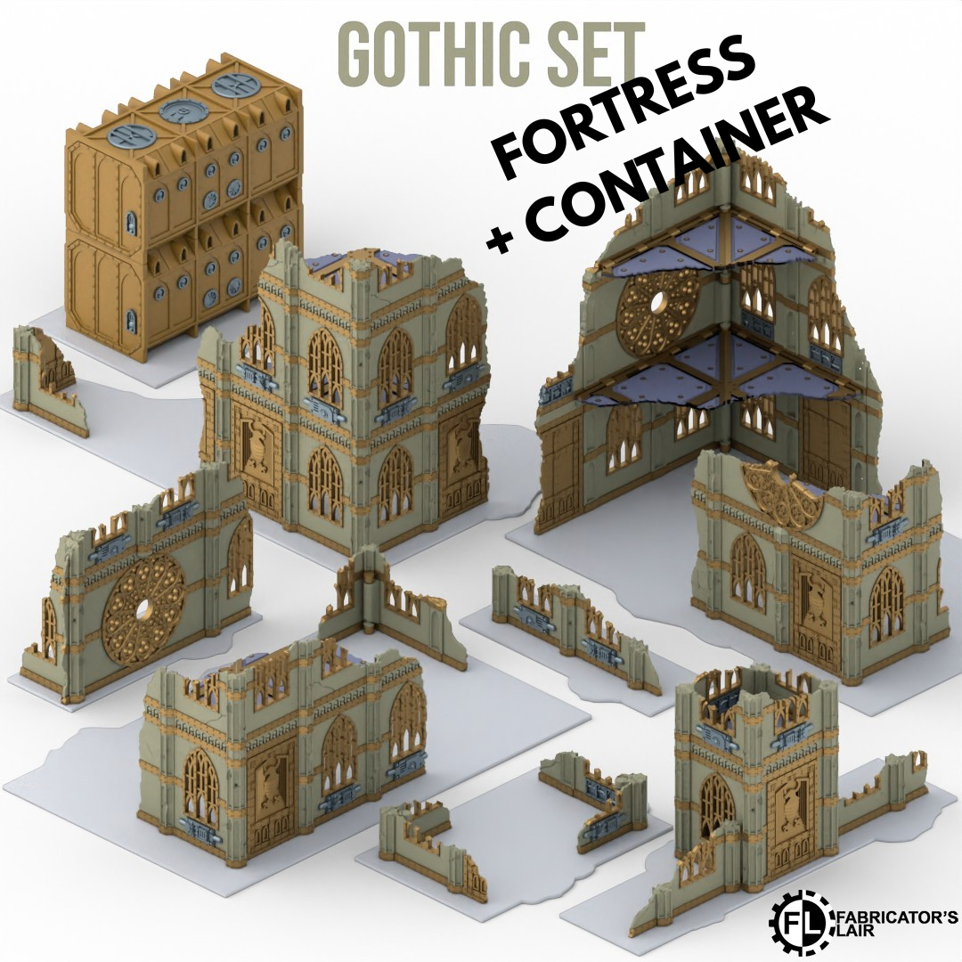 Gothic Foldable Terrain – Fortress mit Container, Sci-Fi Tabletop Gelände klappbar