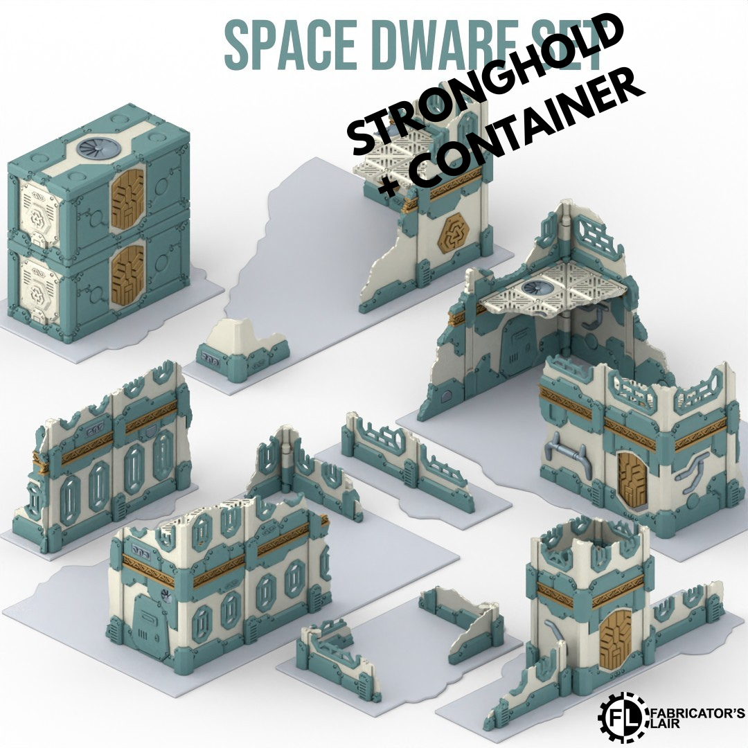 Space Dwarf Foldable Terrain – Stronghold mit Container, Sci-Fi Tabletop Gelände klappbar