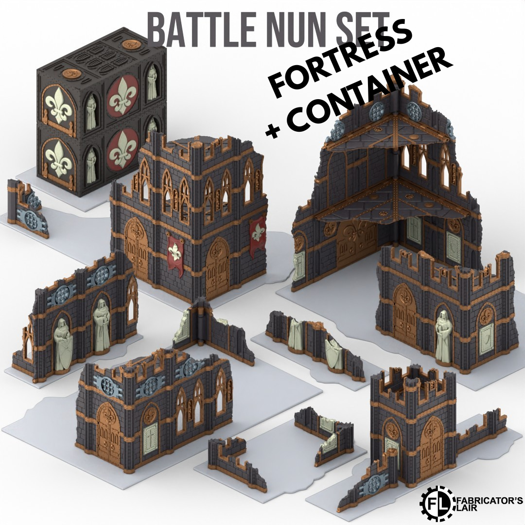 Battle Nun Foldable Terrain – Fortress mit Container, Sci-Fi Tabletop Gelände klappbar