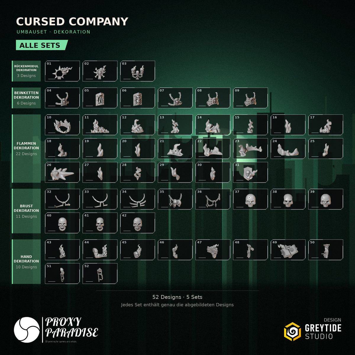Cursed Company Dekoration Umbauset – Übersicht aller 52 Designs in 5 Sets