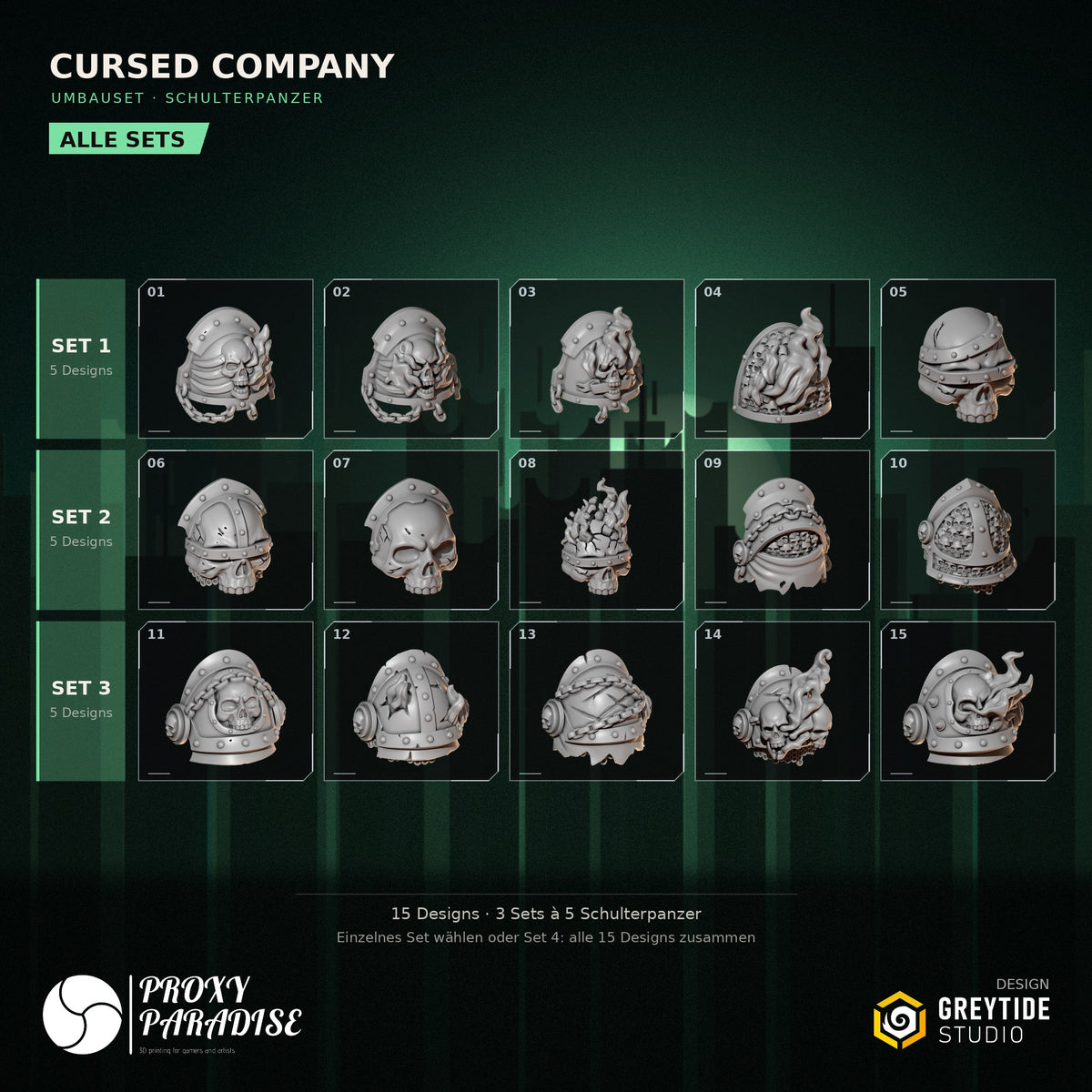 Cursed Company Schulterpanzer Umbauset – Übersicht aller 15 Designs in 3 Sets